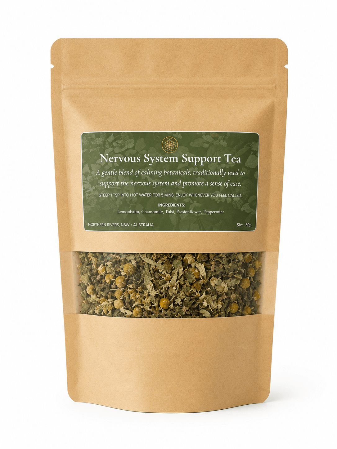 Nervous System Support Tea by Pachamama Medicina, grounding herbal blend for calm and regulation, handcrafted in Northern Rivers NSW
