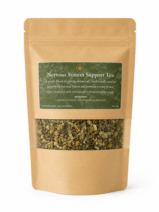 Nervous System Support Tea by Pachamama Medicina, grounding herbal blend for calm and regulation, handcrafted in Northern Rivers NSW